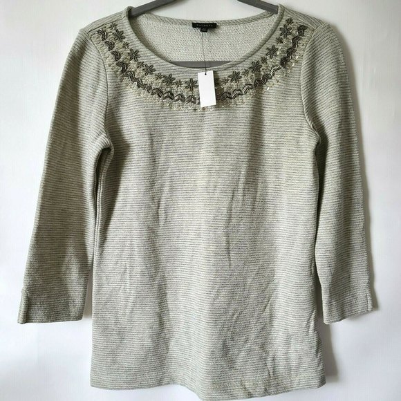 Talbots 3/4 Sleeve T Shirt Sequin Neck Sz XS Gray with Gold Metallic Stripes NWT - Picture 1 of 9